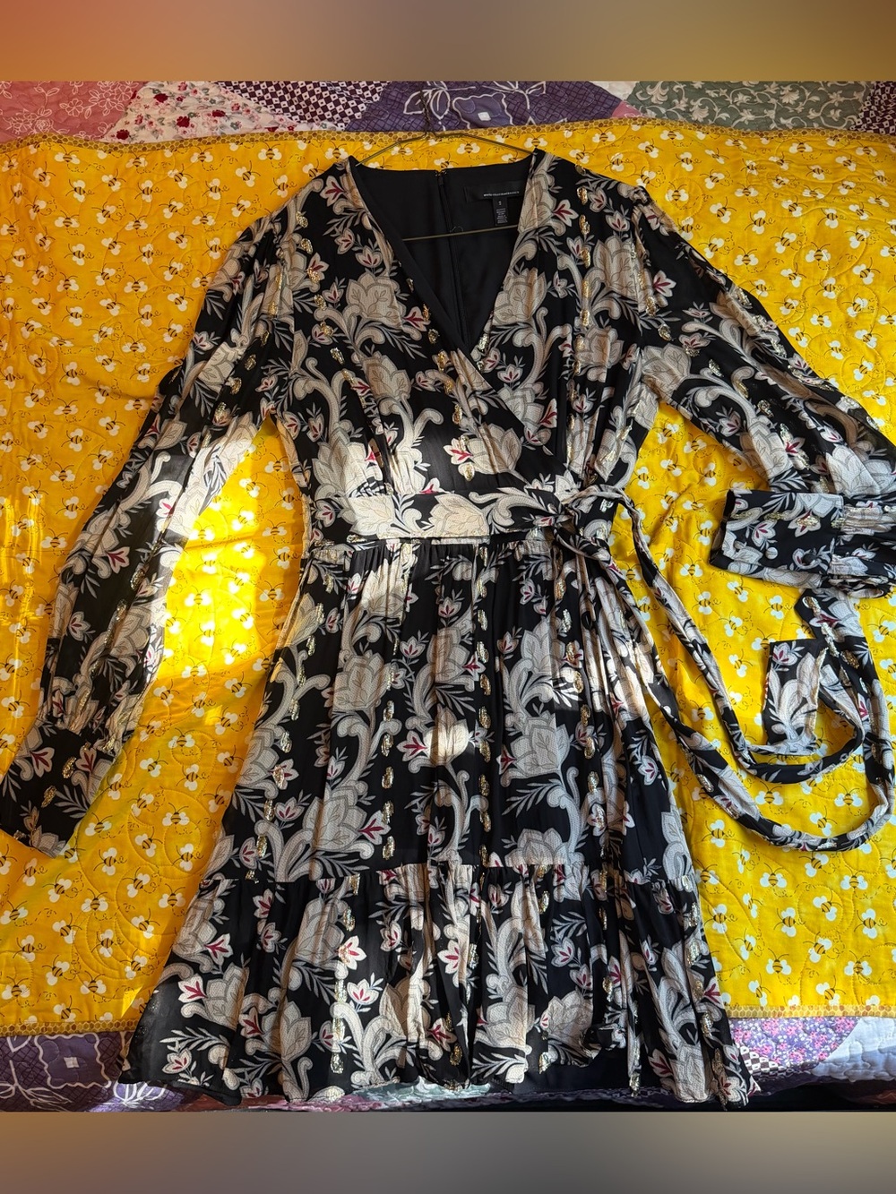 White House Black Market Black Floral Wrap-Style Dress Gold Details